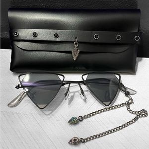 Black triangle sunglasses with skull chain & leather stud pouch goth beach
